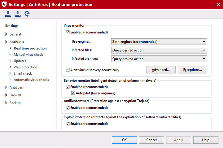 [Translate to United States:] G DATA Antivirus Settings